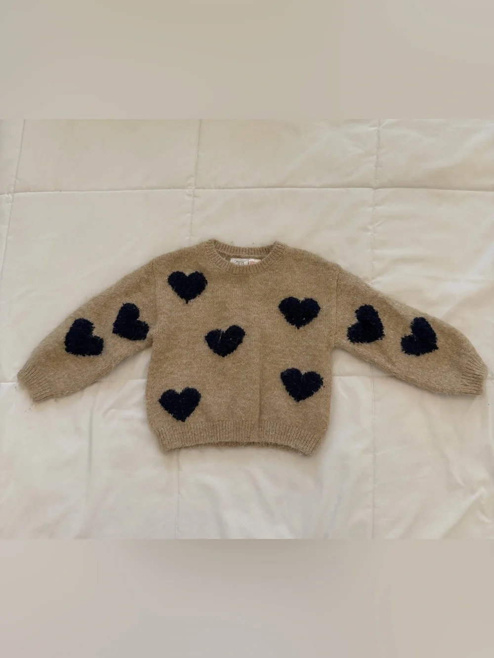 Zara Tan Crewneck Sweater with Black Heart Motif